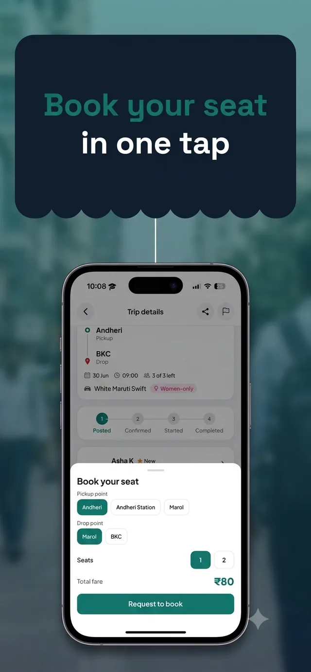 Book a seat screen — choosing pickup, drop and seats in one tap