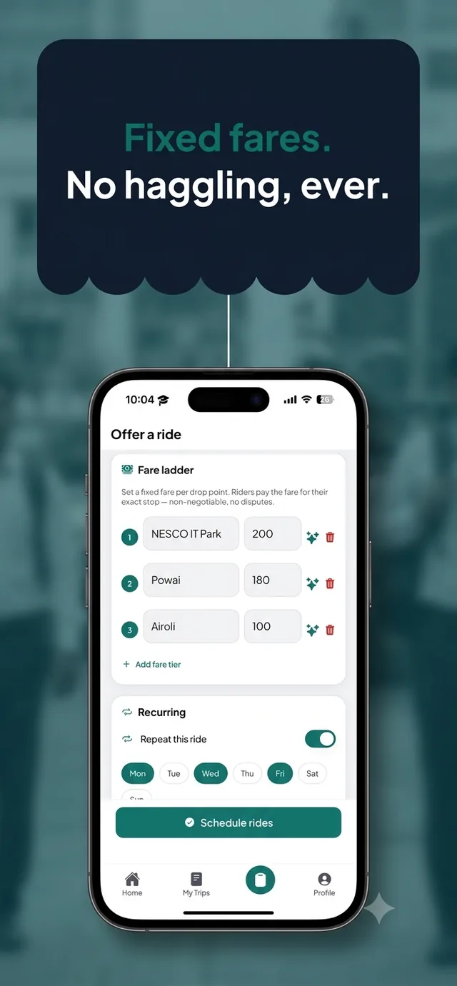 Fare ladder screen — fixed, non-negotiable fares set per drop point