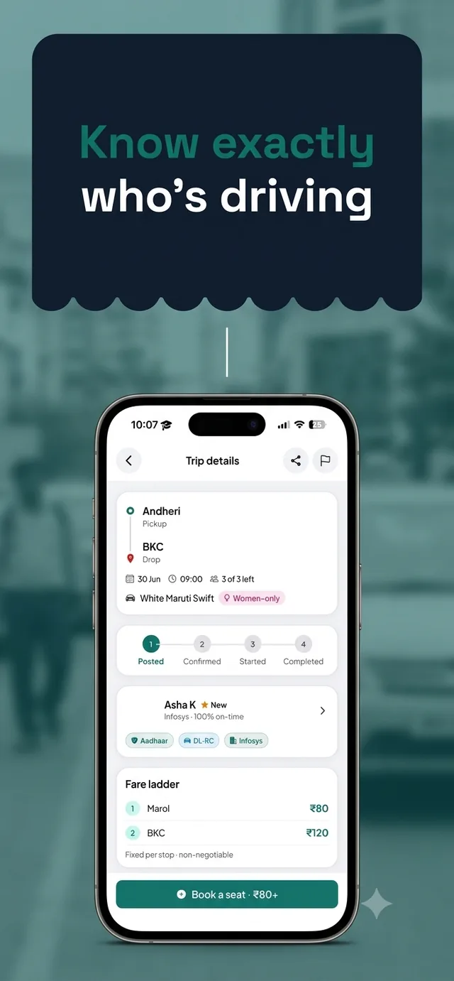 Trip details screen showing a verified driver profile with Aadhaar, DL-RC and employer badges