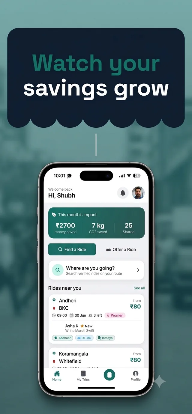 TrustRoute home screen showing this month's savings, CO2 saved, and nearby verified rides
