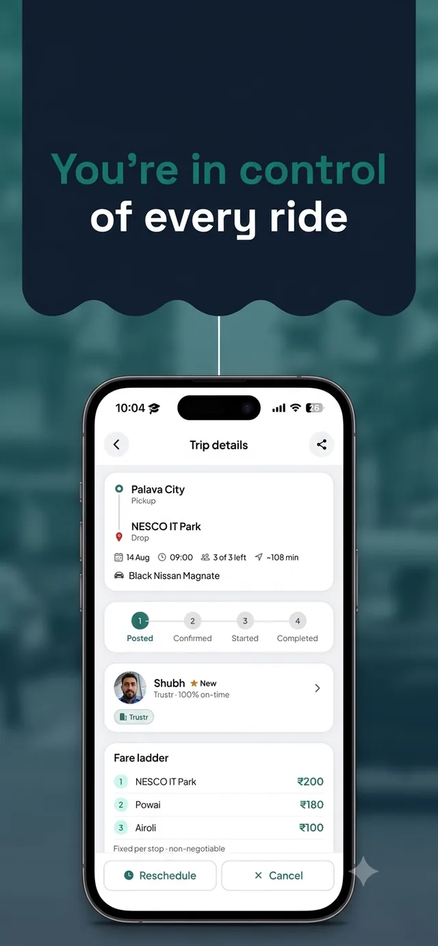Trip details screen with a Posted, Started, Completed status tracker